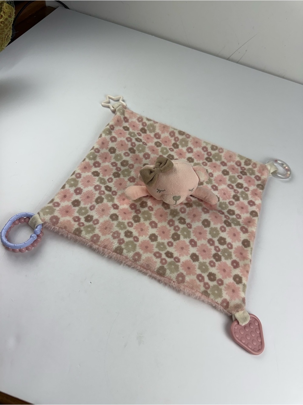 Dreamgro Pink Bear Activity Blankie Lovey Plush Security Blanket Rattle Teether